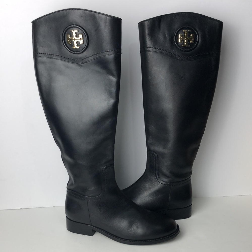 Tory Burch Ashlynn Black Leather Tall Knee Length Boots 5.5 Gold Emblem